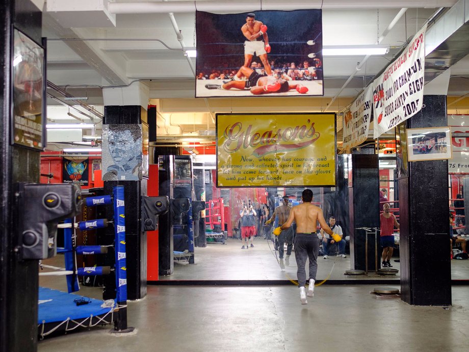 There are lots of photos and memorabilia of Muhammad Ali in Gleason's Gym.