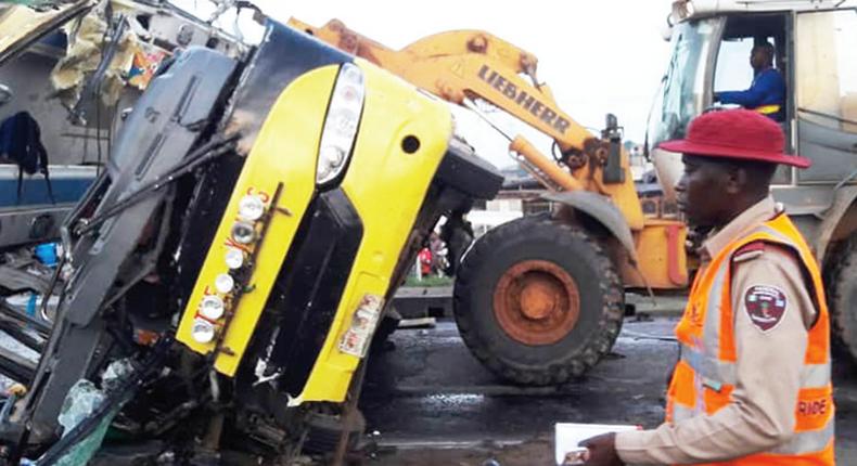 A FRSC personnel at the scene of an accident involving a tanker (Punch)