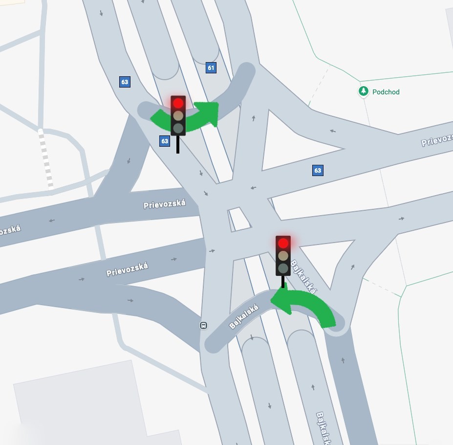 Do mapy križovatky sme doplnili semafory s červenými svetlami. Aj keď svieti červená, pre vodiča na zelenej trase neplatí a môže pokračovať v jazde.