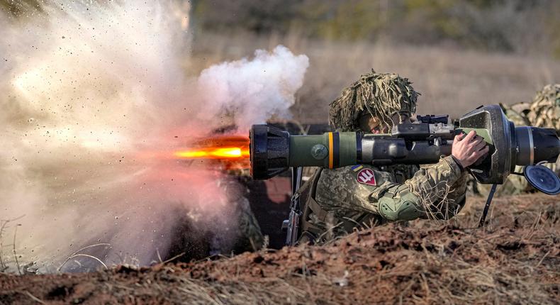 A Ukrainian serviceman fires an NLAW anti-tank weapon during an exercise in the Joint Forces Operation, in the Donetsk region, eastern Ukraine, on Feb. 15, 2022.AP Photo/Vadim Ghirda, File