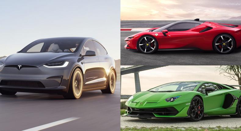 The Tesla Model X Plaid has more than 1,000 horsepower and stands up to the Ferrari SF90 Stradale (top left) and Lamborghini Aventador SVJ (bottom left) in a drag race.Tesla; Ferrari; Lamborghini