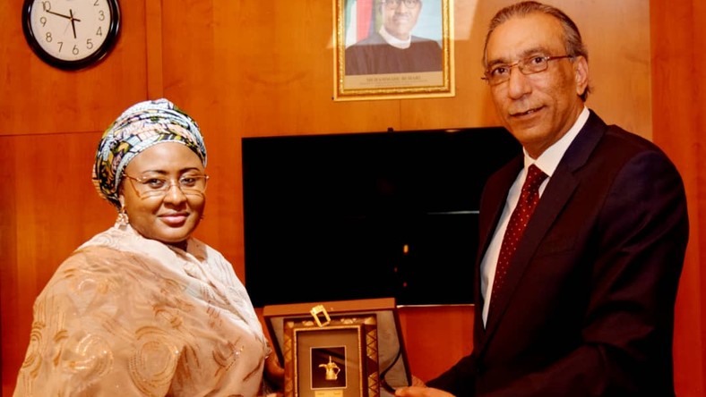First Lady Aisha Buhari with the Saudi Arabian Ambassador to Nigeria, Amb Adnan Bostaji in Abuja on Tuesday (NAN)