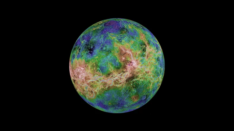 Wenus - zdjęcie wykonane przez sondę Magellan pod koniec XX w. Kolory reprezentują ukształtowanie terenu na planecie