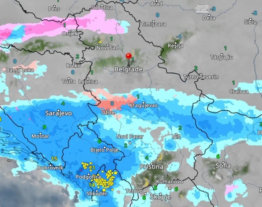 Kretanje padavina u  subotu u 21 čas