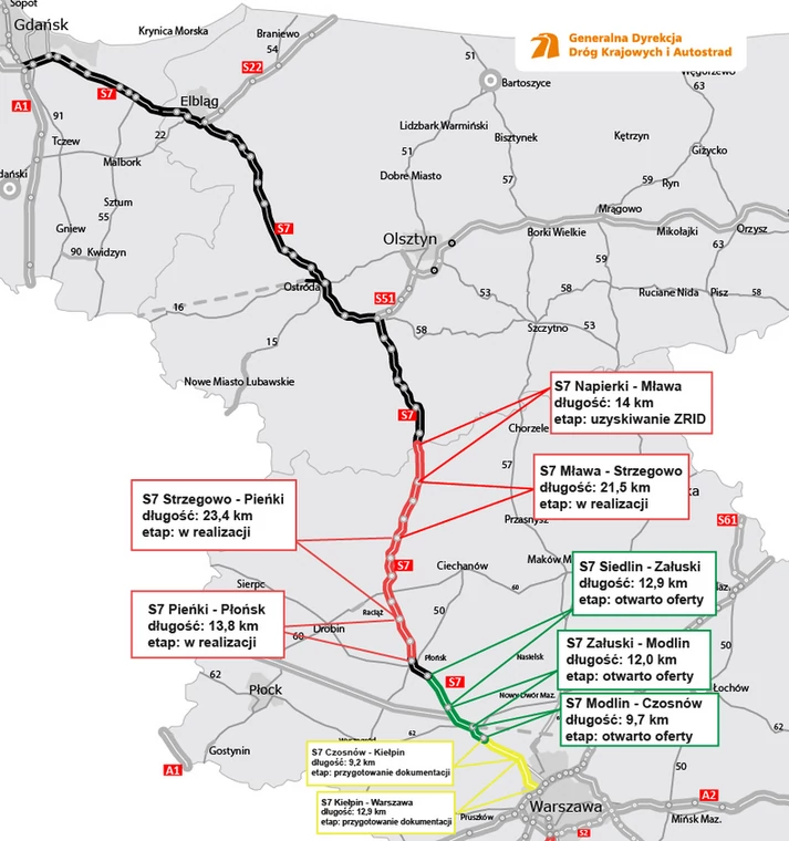 Mapa budowanej drogi S7 na Mazowszu
