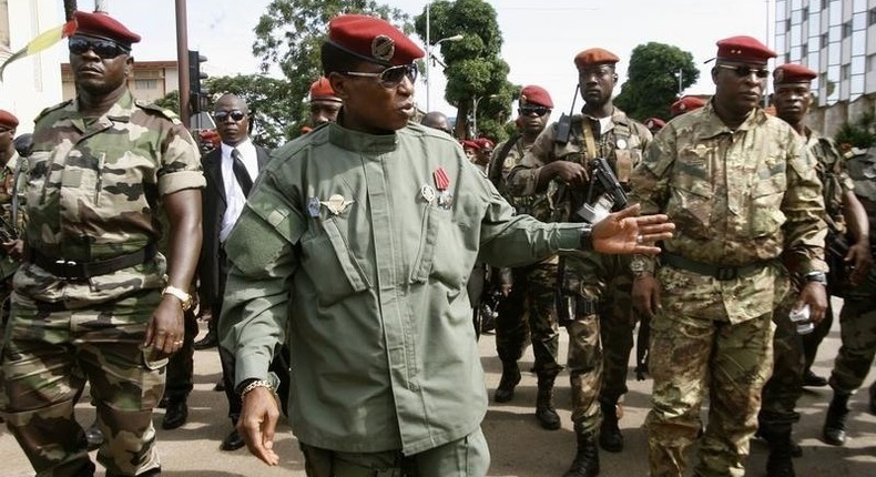 Captain Moussa Dadis Camara (C) at Martyrs Place in Conakry October 2, 2009, during celebrations commemorating the Republic of Guinea's independence day. REUTERS/Luc Gnago