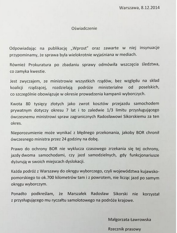 Oświadczenie ws. publikacji Wprost