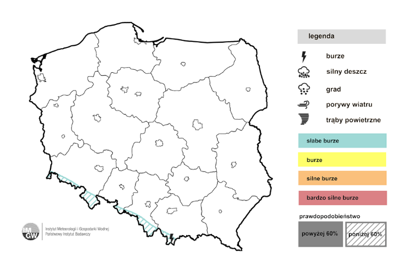 W środę na krańcach południowych możliwe są słabe, rozproszone burze