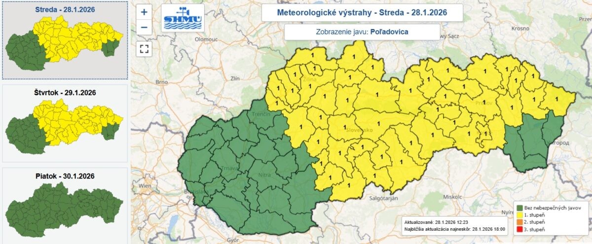 Výstraha prvého stupňa pred poľadovicou na stredu 28. a štvrtok 29. januára.