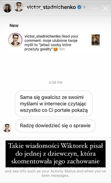 Jedna z wiadomości wysłanych do internautki