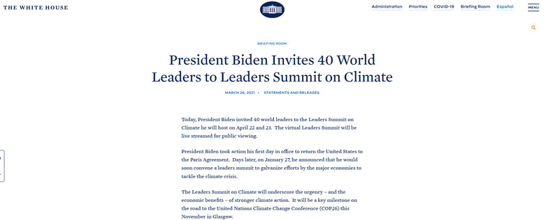 Announcement of the call of world leaders on the White House website