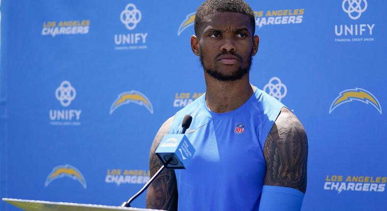 Los Angeles Chargers safety Nasir Adderley speaks to reporters at the NFL football team's practice facility.AP Photo/Ashley Landis