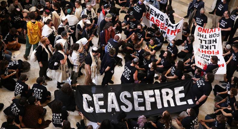 Protesters staged a demonstration in support of a cease-fire against the Palestinians in Gaza in the Cannon House Office Building on October 18, 2023, in Washington, DC.Alex Wong/Getty Images