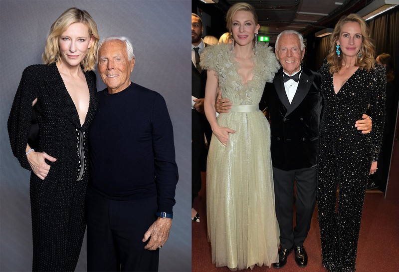 Giorgio Armani a jeho múza herečka Cate Blanchett; Giorgio, Cate a Julia Roberts.