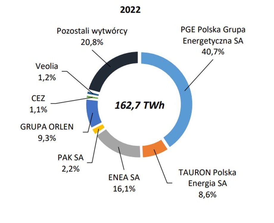 Udział grup kapitałowych w wolumenie energii elektrycznej wprowadzonej do sieci w 2022 r. 