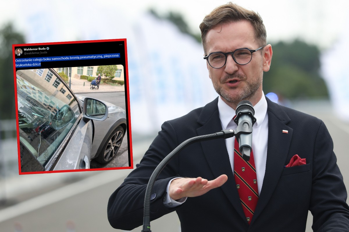 Europoseł Waldemar Buda i jego samochód, który został ostrzelany w Brukseli, w Belgii