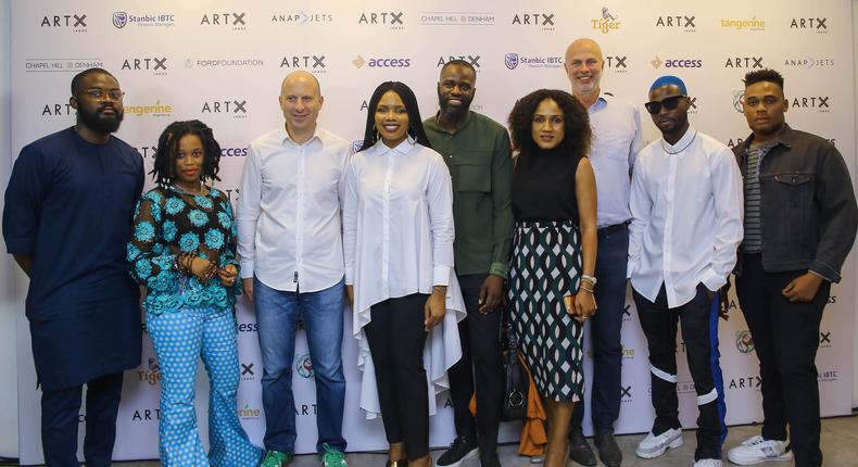 From L - R: TMXO (ART X Live! 2019 Talent), Lady Donli (ART X Live! 2019 Talent), Jordi Borrut Bel (Nigerian Breweries, Managing Director), Tokini Peterside (ART X Lagos, Founder & Director); Lanre Masha (ART X Live! Music Curator); Ngozi Ngonadi-Nkwoji (Nigerian Breweries, Portfolio Manager); Rob Kleinjan (Nigerian Breweries, Finance Director); WurlD (ART X Live! 2019 Talent), Buju (ART X Live! 2019 Talent), at the ART X Lagos 2019 Official Launch.