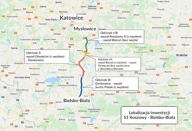 Droga ekspresowa S1 - lokalizacja inwestycji Kosztowy — Bielsko-Biała