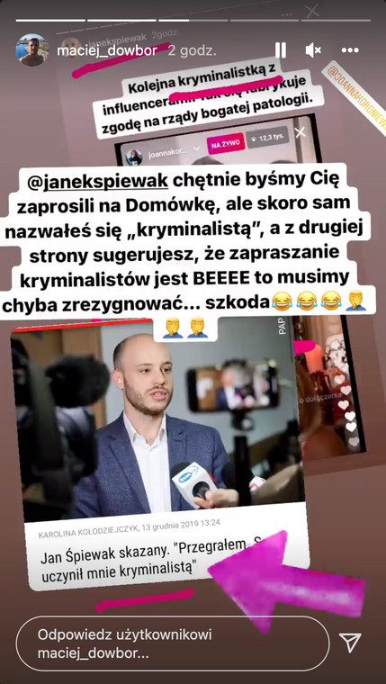 Maciej Dowbor odpowiada na zarzuty Jana Śpiewaka na Instagramie