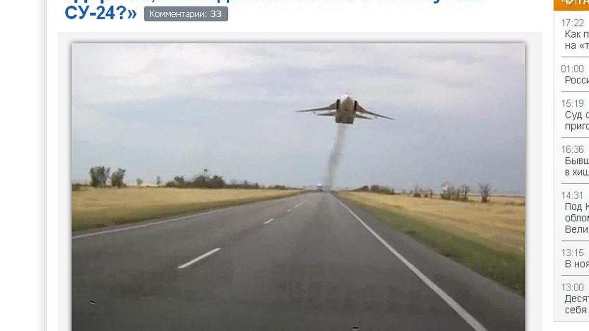 Nad jedną z rosyjskich dróg, tuż nad ziemią, przeleciał bombowiec naddźwiękowy Su-24. Niesamowite nagranie zarejestrował jeden z kierowców podróżujący samochodem.