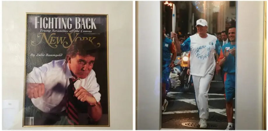 Zdjęcia Trumpa na okładce nowojorskiego magazynu i biegającego z pochodnią olimpijską wiszą w łazience w holu Mar-a-Lago.
