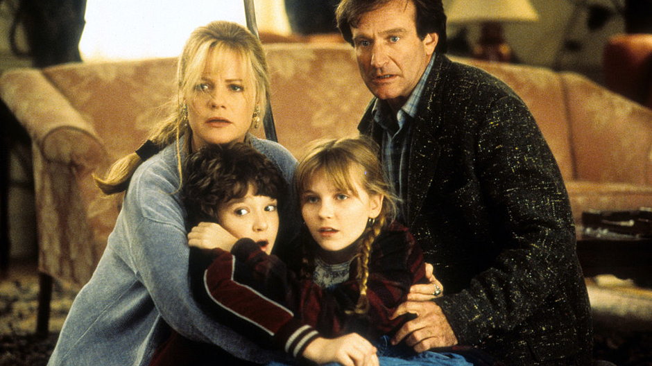 Bonnie Hunt, Bradley Pierce, Kirsten Dunst i Robin Williams w "Jumanji"