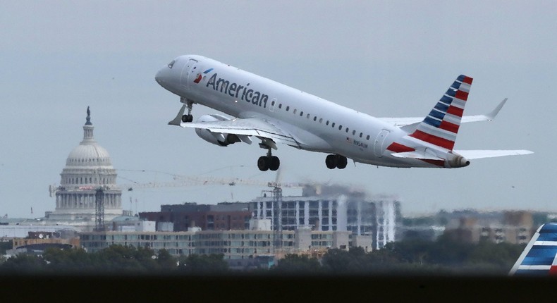 An American Airlines plane departing from Washington, DC.