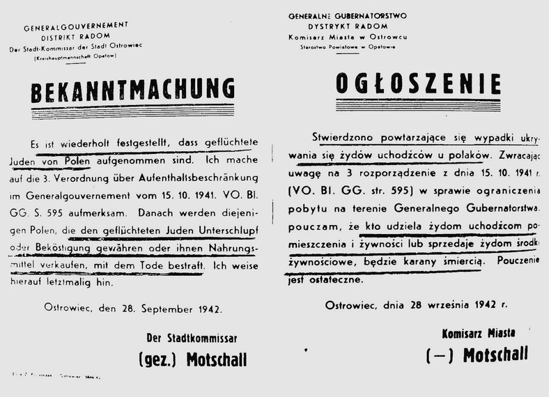 Niemcy nie pozostawiali złudzeń, jaki los czeka tych, którzy pomagają Żydom. Na ilustracji ostrzeżenie Bruno Motschalla wobec Polaków ukrywających Żydów