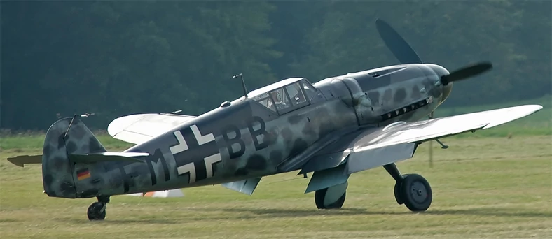 Messerschmitt Bf 109 - podstawowy myśliwiec Luftwaffe w czasie II wojny światowej. Przeciw Polsce używany m.in. w wersji E-1, na zdjęciu wersja G-6