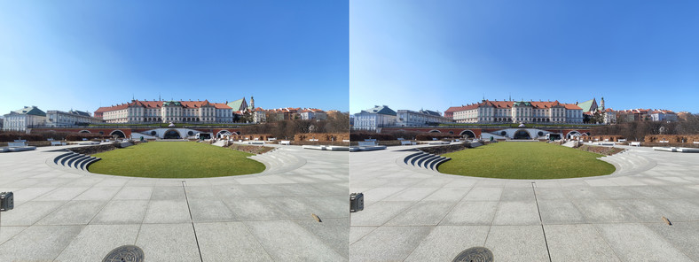 Porównanie zdjęć szerokokątnych - wykonanego w trybie 50 Mpix (po lewej) oraz interpolowanego do tej samej rozdzielczości kadru standardowego, wykonanego w automatycznym trybie Zdjęcie (kliknij, aby powiększyć)