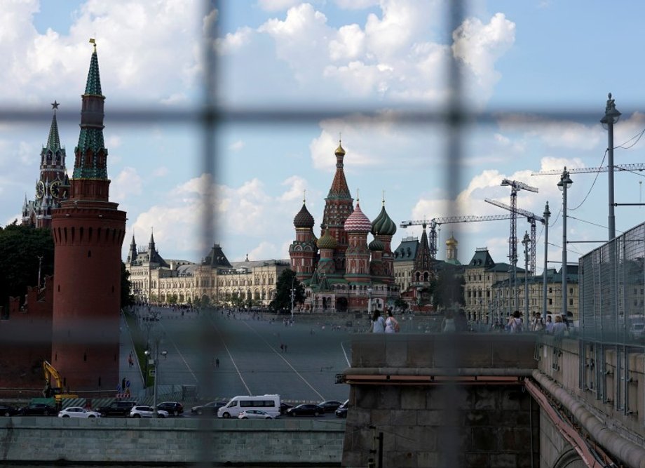 The Kremlin towers and St. Basil's Cathedral in Moscow.