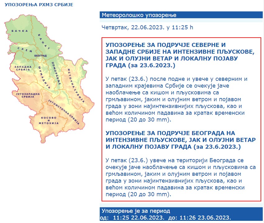 RHMZ izdao upozorenje za više regiona u Srbiji