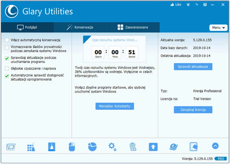 Główne okno programu do optymalizacji systemów Windows - Glary Utilities Pro