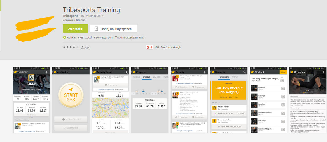 <b>Tribesports Training</b>
<br><br>
Znakomita aplikacja dla wielbicieli aktywnego spędzania czasu. Tribesports przygotuje dla nas szereg statystyk dotyczących naszego treningu. Aplikacja zawiera również setki gotowych programów treningowych.