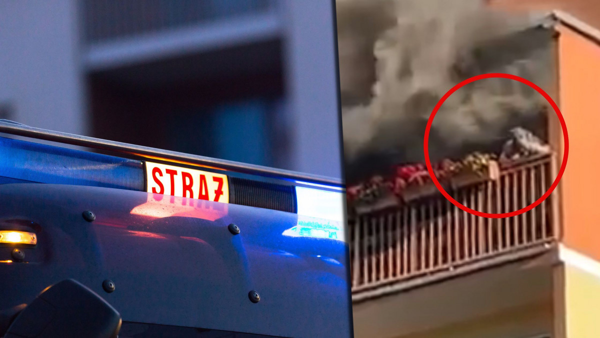 Uciekał przez balkon z płonącego mieszkania. Przerażające nagranie strażaków