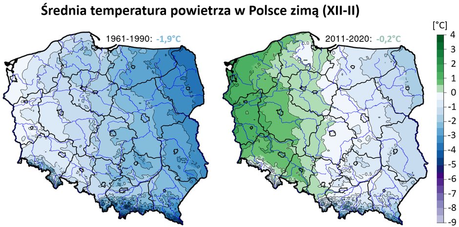 Po lewej: średnia temperatura sezonu zimowego (grudzień-luty) w okresie 1961-1990, po prawej w latach 2011-2020