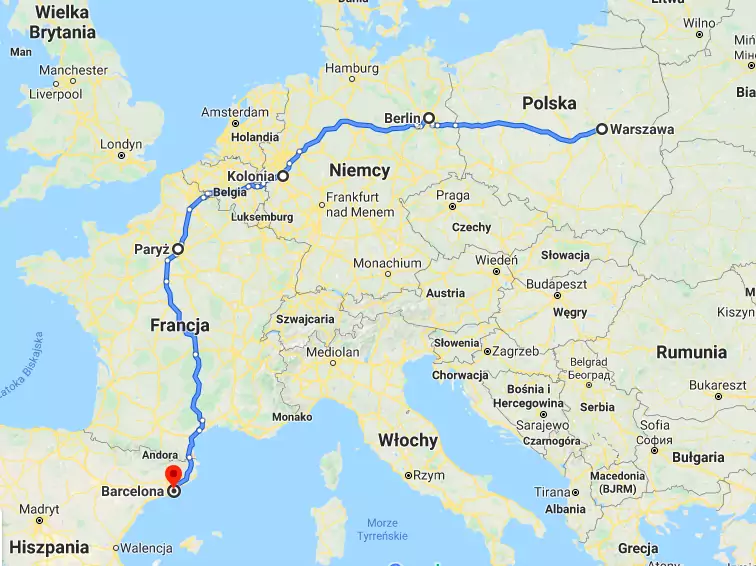 Warszawa -&gt; Berlin -&gt; Kolonia -&gt; Paryż -&gt; Barcelona (ok. 2600 km)