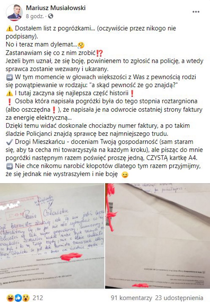 Burmistrz Kleczewa Mariusz Musiałowski otrzymał groźby. Autor wysłał je na swojej fakturze za prąd