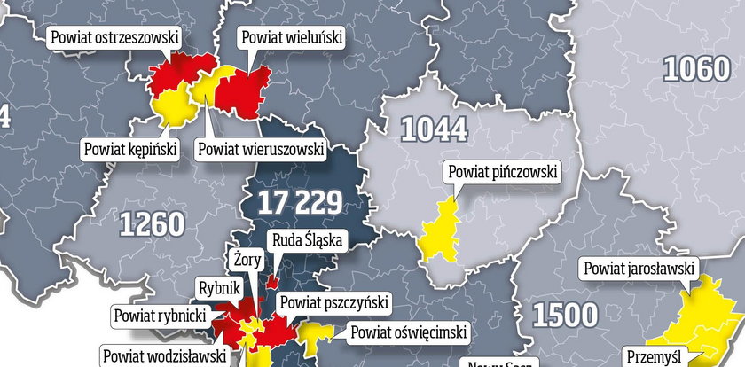 Czerwony i żółty powiat z obostrzeniami