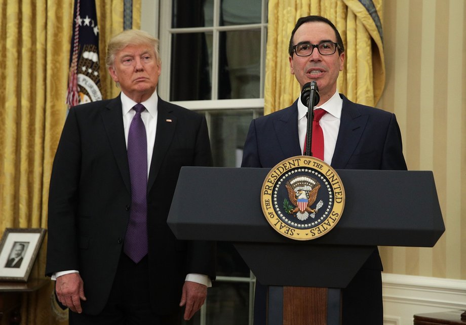 Treasury Secretary Steven Mnuchin, right, with US President Donald Trump at the White House, February 13, 2017, in Washington, DC.