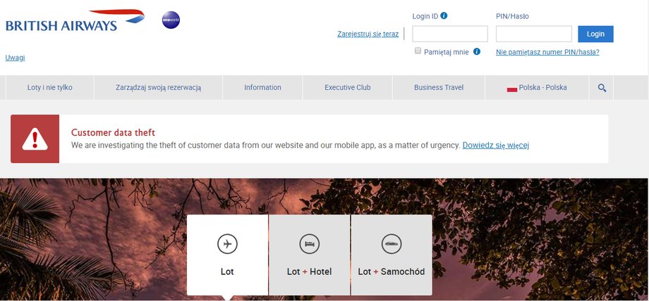 O kradzieży danych klientów British Airways informuje też na swojej stronie internetowej