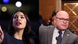 Rep. Alexandria Ocasio-Cortez of New York, left, and Teamsters President Sean O'Brien.Justin Sullivan/Getty Images; Kevin Dietsch/Getty Images