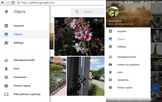 Po lewej stronie interfejsu znajduje się wysuwane menu aplikacji, w którym możemy określić tryb wyświetlania zdjęć - jako kolekcje (w tym albumy) czy strumień zdjęć posortowanych według daty. Możemy też włączyć asystenta. Po prawej stronie widok interfejsu mobilnej aplikacji, po lewej - serwis webowy.