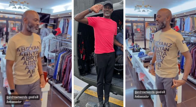 Andrew Mwenda tries on Abryanz apparel while 'bazukulu' make fun of him/Instagram