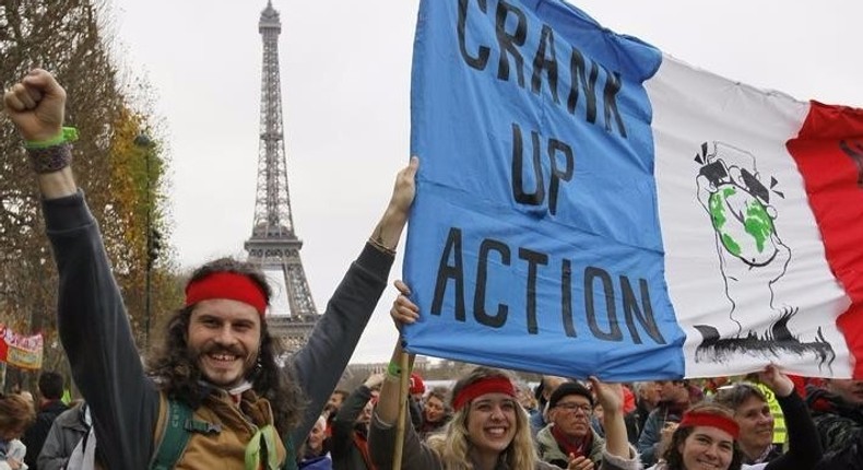 Environmentalists demonstrate at the 2015 UN Climate Change Conference near Paris.