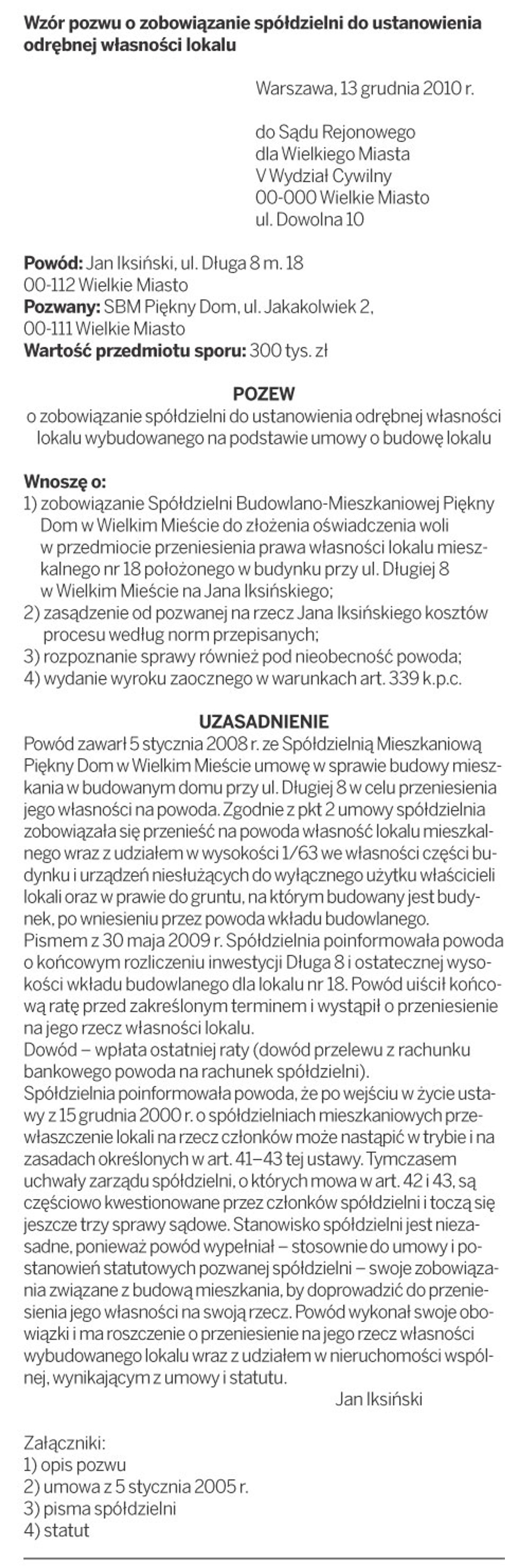 Wzór pozwu o zobowiązanie spółdzielni do ustanowienia odrębnej własności lokalu