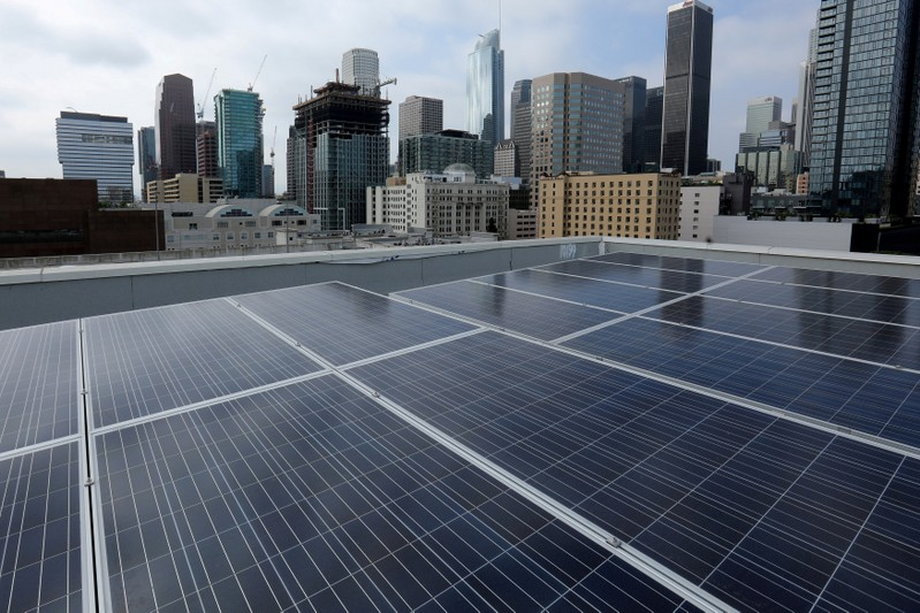 Solar electric panels on residential building in down town Los Angeles