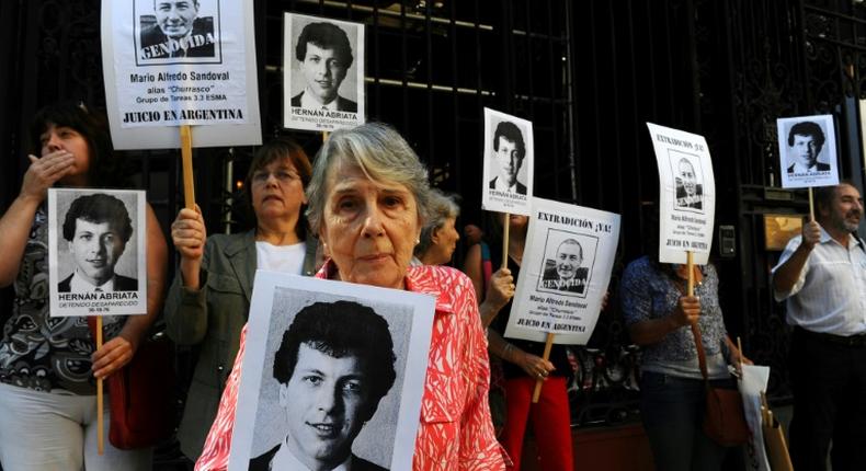 Abriata's 92-year-old mother Beatriz Cantarini de Abriata, shown here at a protest in 2014, is desperately waiting for his trial, a lawyer for Argentina told AFP