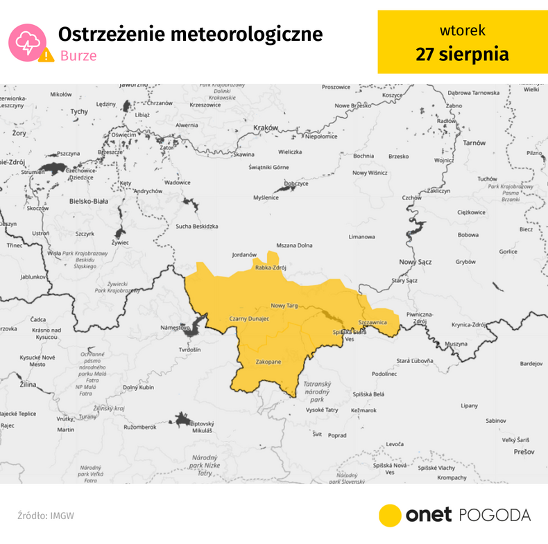 Ostrzeżenia przed burzami będą dziś obowiązywać na Podhalu