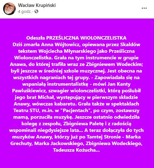 Screen wpisu Wacława Krupińskiego